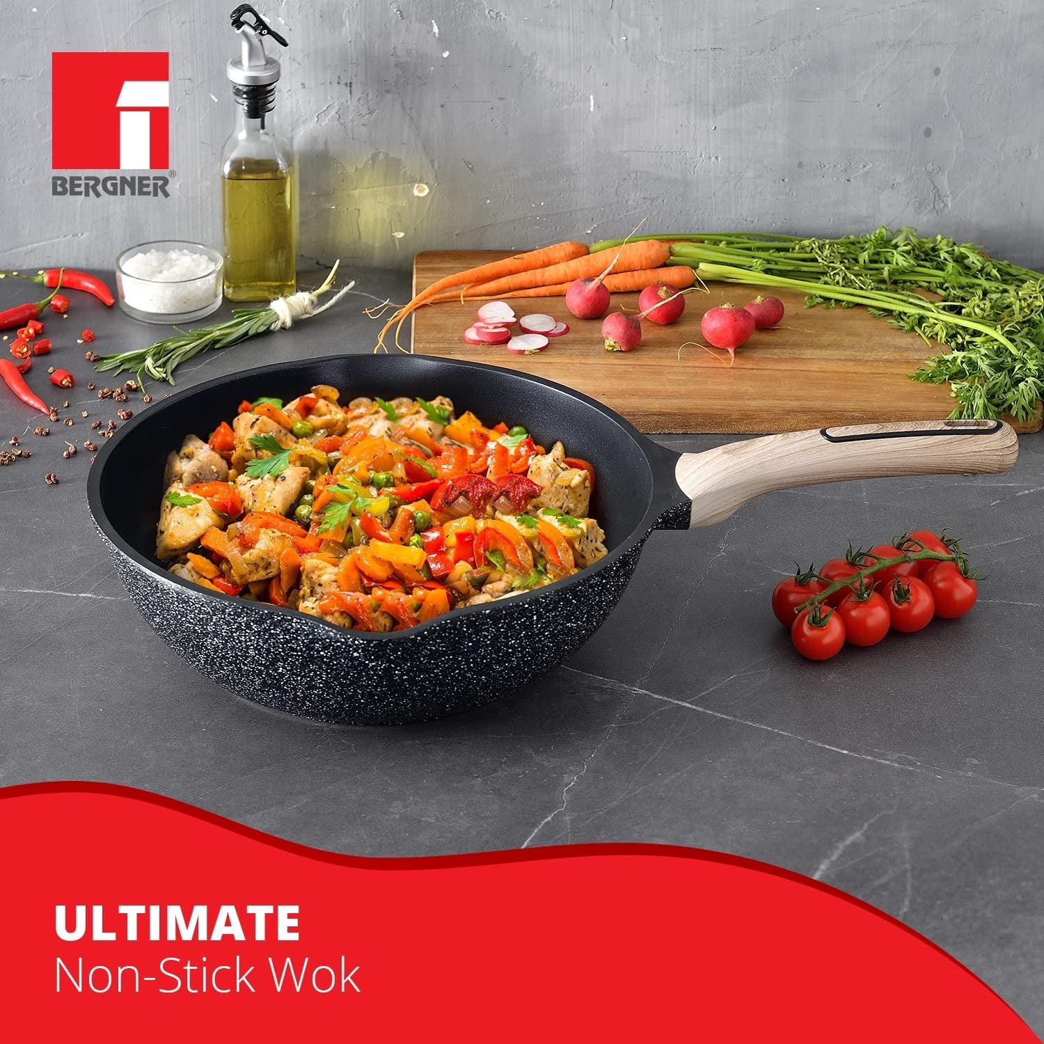Bergner Ultimate ILag Marble Non-Stick Wok 30cm, 4.6 Liters, Induction Bottom, Wooden Soft Touch Handle, Thickness 4.5mm (Grey)