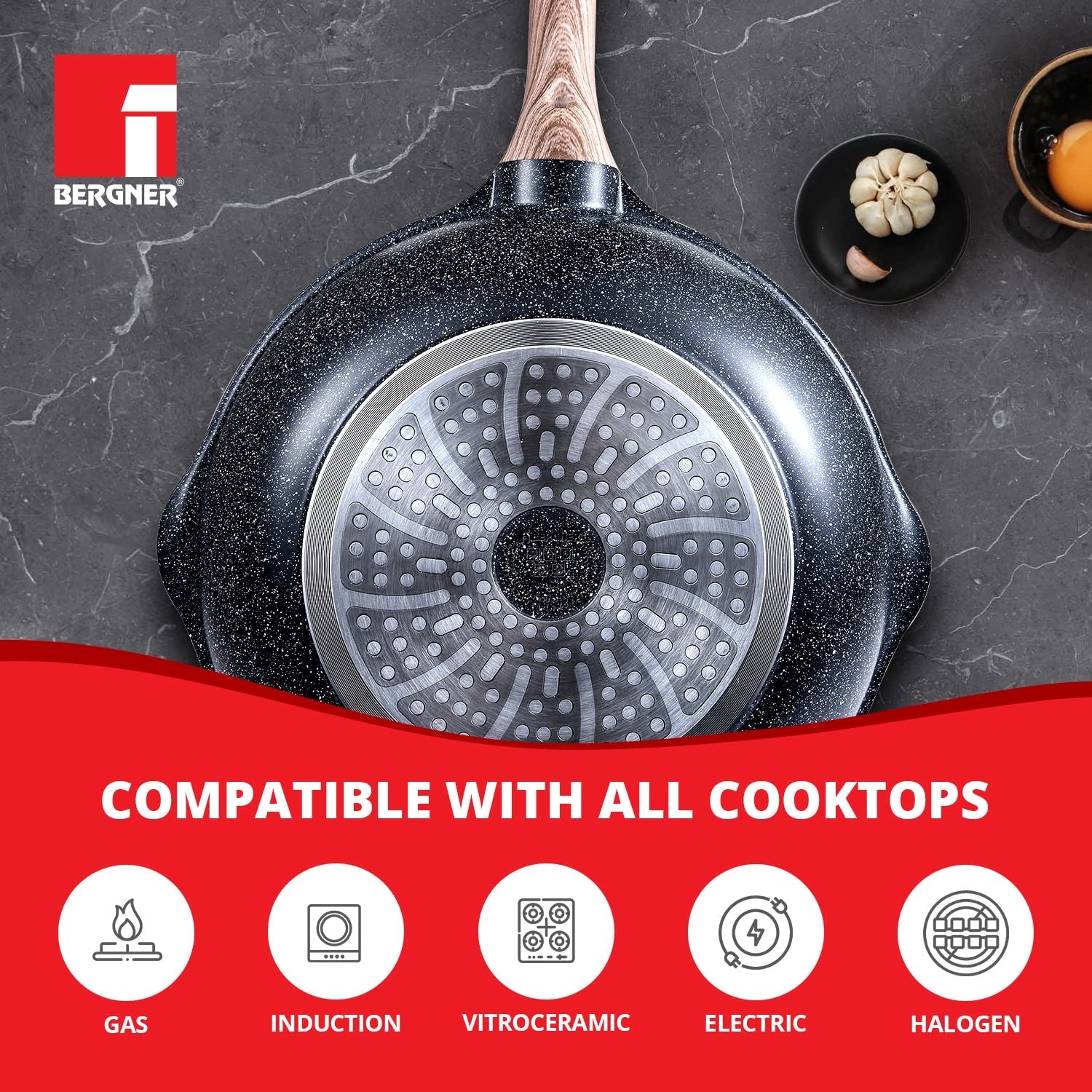 Bergner Ultimate ILag Marble Non-Stick Wok 30cm, 4.6 Liters, Induction Bottom, Wooden Soft Touch Handle, Thickness 4.5mm (Grey)
