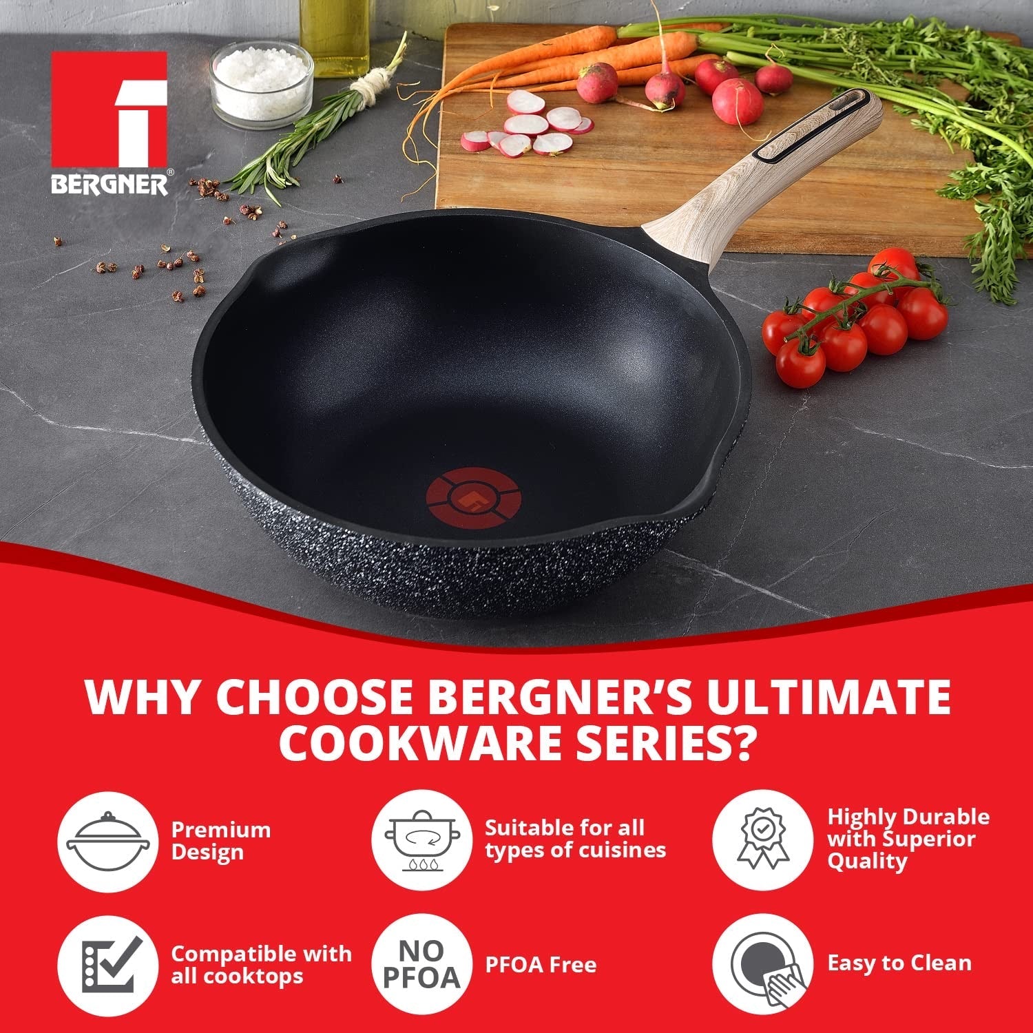 Bergner Ultimate ILag Marble Non-Stick Wok 30cm, 4.6 Liters, Induction Bottom, Wooden Soft Touch Handle, Thickness 4.5mm (Grey)