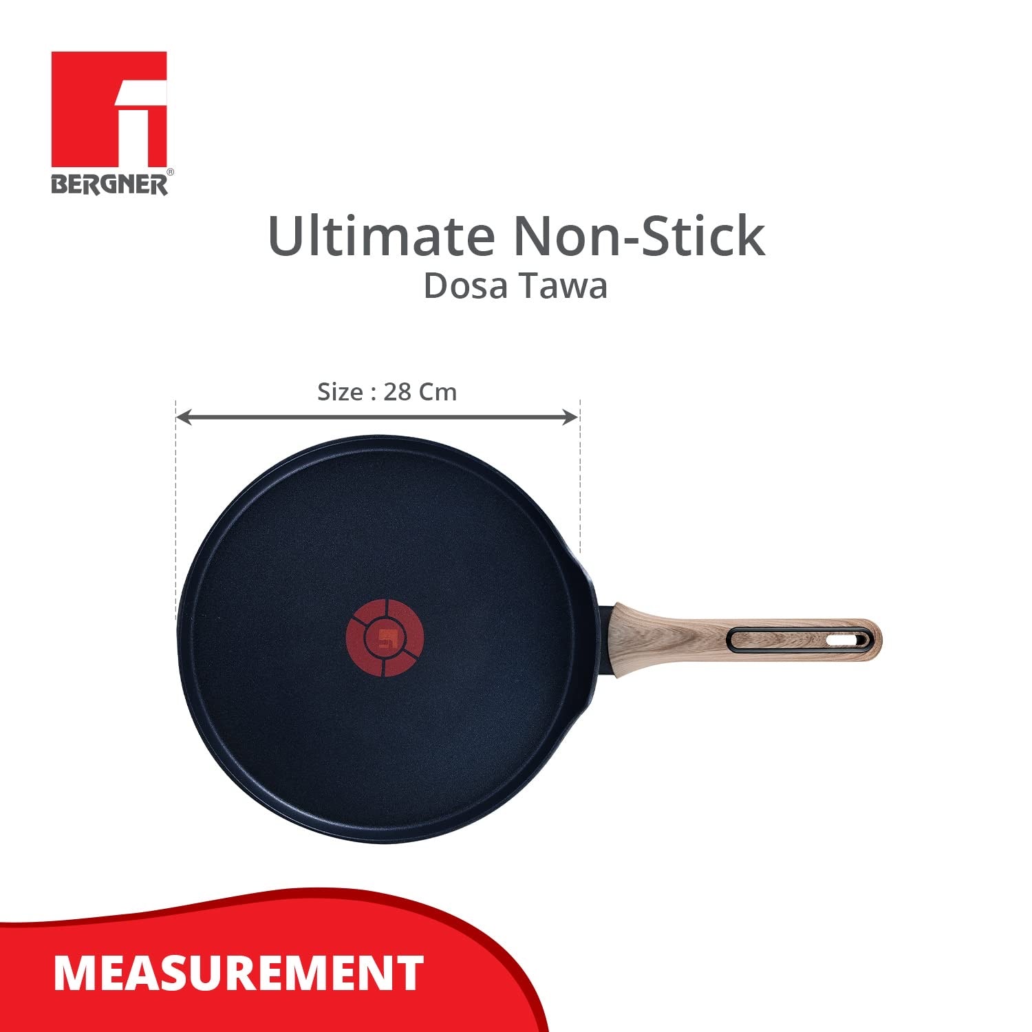 Bergner Ultimate ILag Marble Non-Stick Tawa / Dosa Tawa, 28 cm, Induction Bottom, Wooden Soft Touch Handle, Thickness 3.5mm (Grey)
