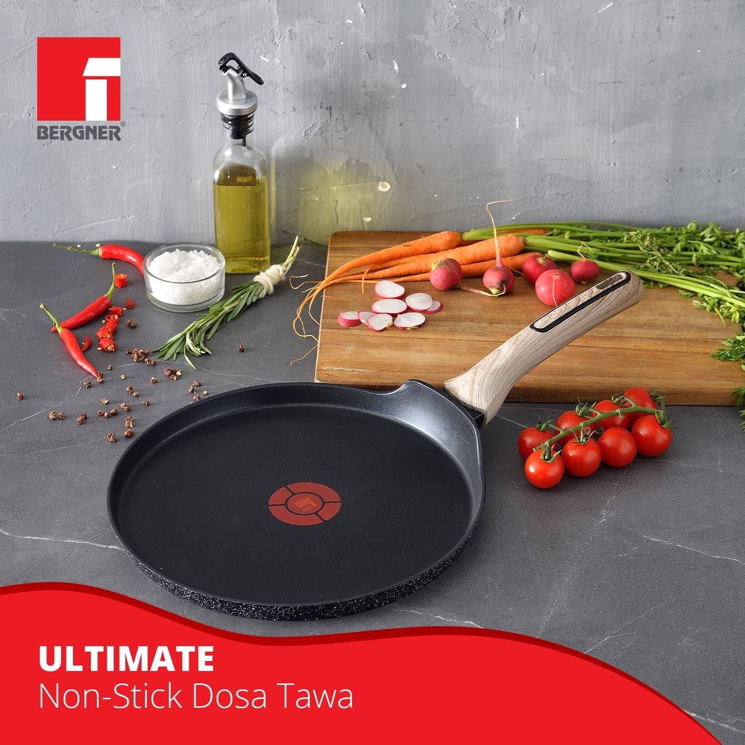 Bergner Ultimate ILag Marble Non-Stick Tawa / Dosa Tawa, 28 cm, Induction Bottom, Wooden Soft Touch Handle, Thickness 3.5mm (Grey)