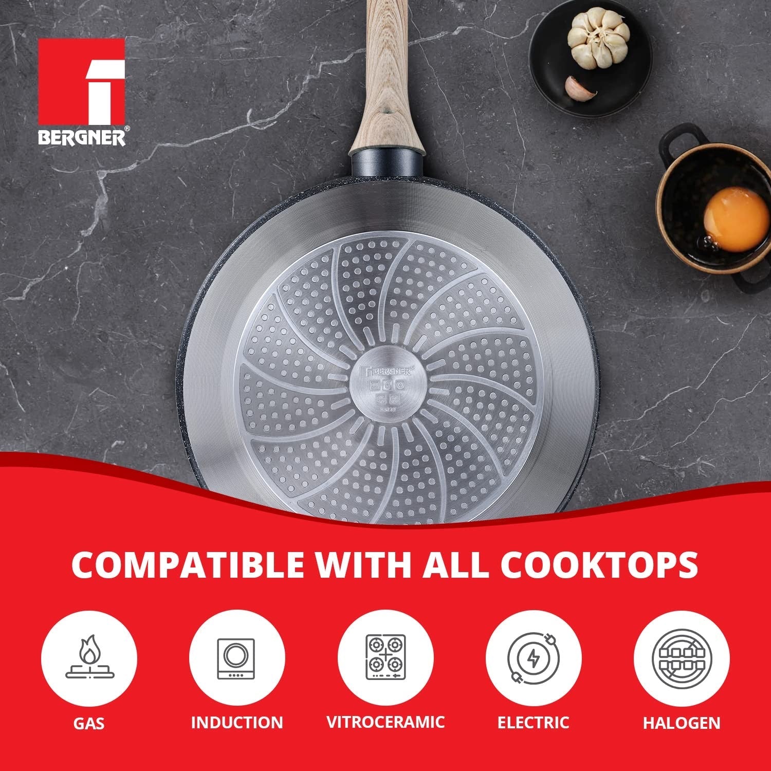 Bergner Ultimate ILag Marble Non-Stick Tawa / Dosa Tawa, 28 cm, Induction Bottom, Wooden Soft Touch Handle, Thickness 3.5mm (Grey)