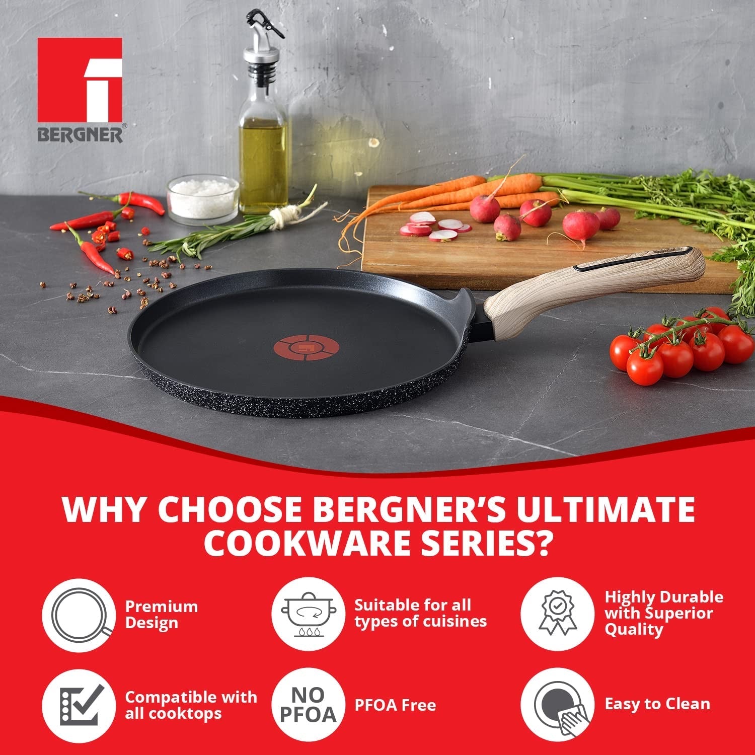 Bergner Ultimate ILag Marble Non-Stick Tawa / Dosa Tawa, 28 cm, Induction Bottom, Wooden Soft Touch Handle, Thickness 3.5mm (Grey)
