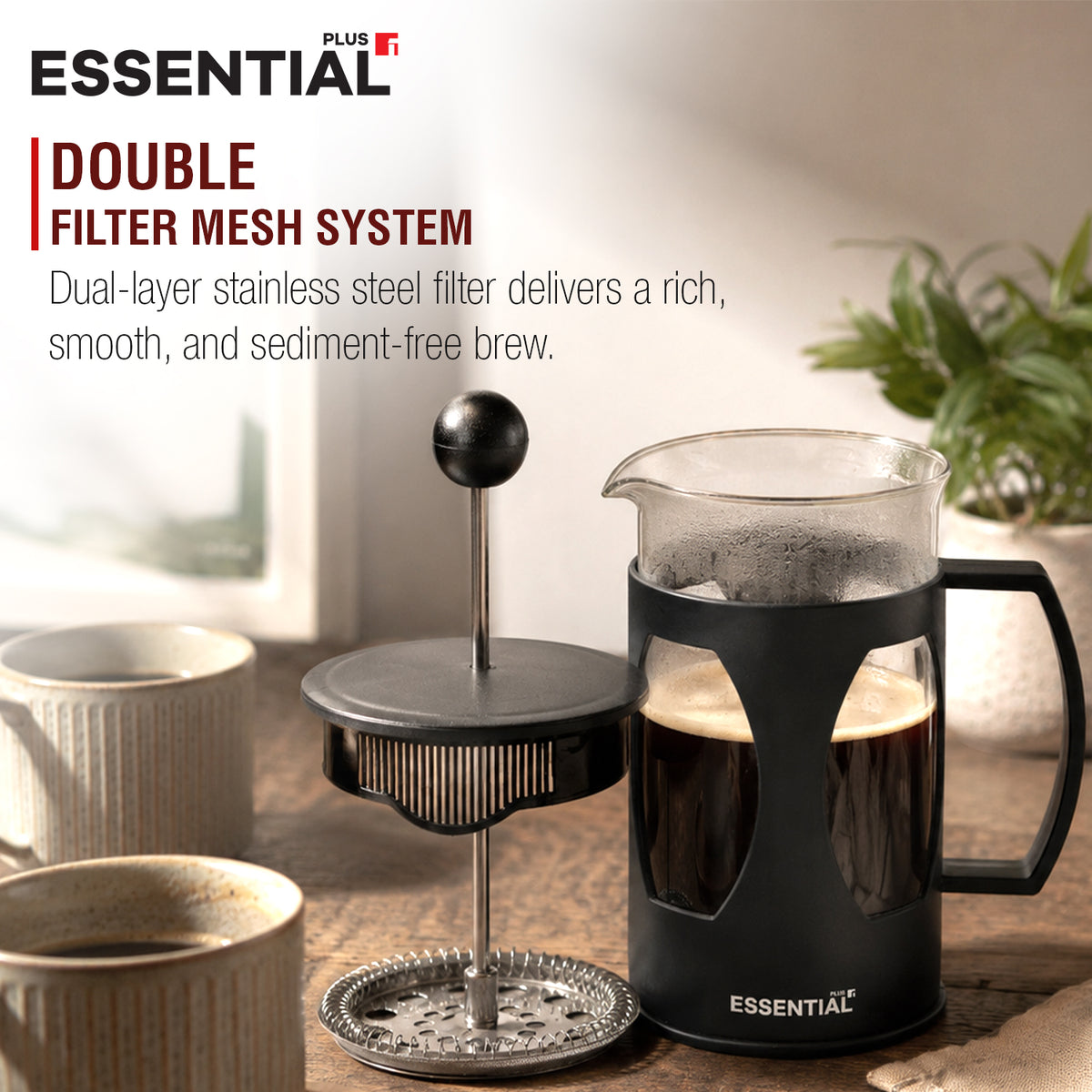 Bergner Essential Plus 600ml coffee plunger showing disassembled dual-layer stainless steel filter mesh and brewed coffee carafe