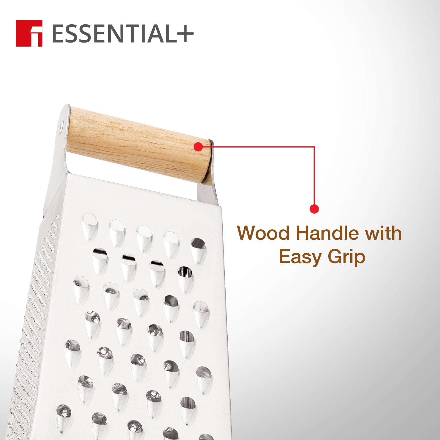 Essential Plus Stainless Steel 4 Sided Multi Function Grater with wood handle