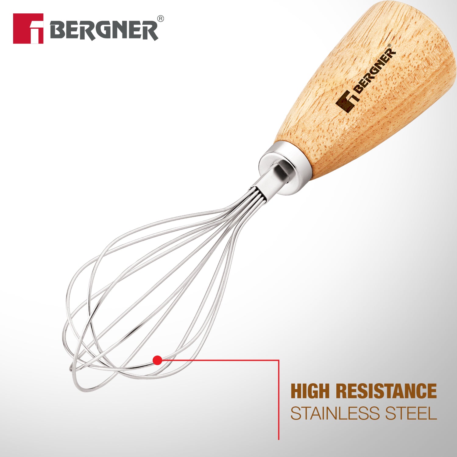 Bergner Essential Plus 20cm manual hand whisk with wooden handle highlighting high resistance stainless steel balloon wire loops