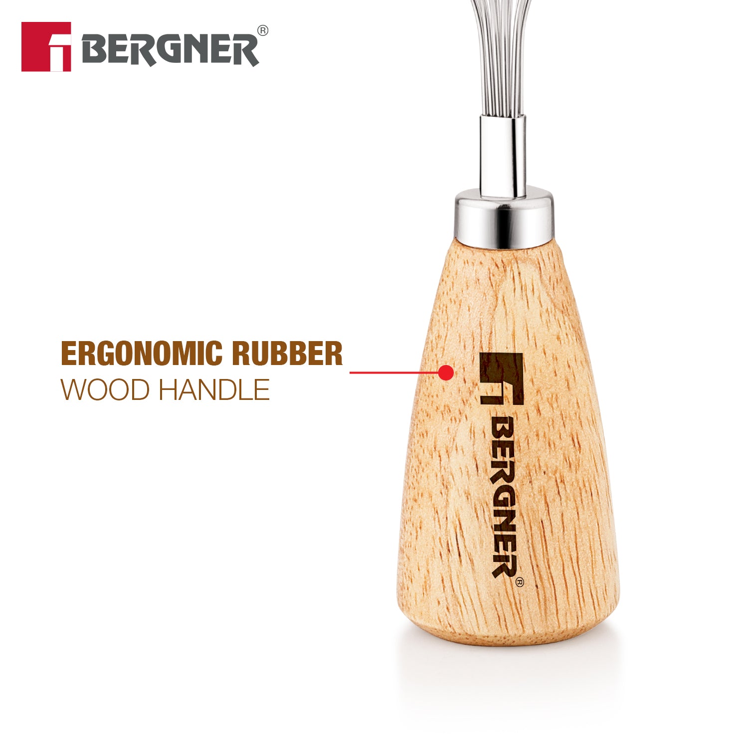 Bergner Essential Plus 20cm stainless steel manual hand whisk close-up highlighting the ergonomic rubber wood handle for a comfortable grip