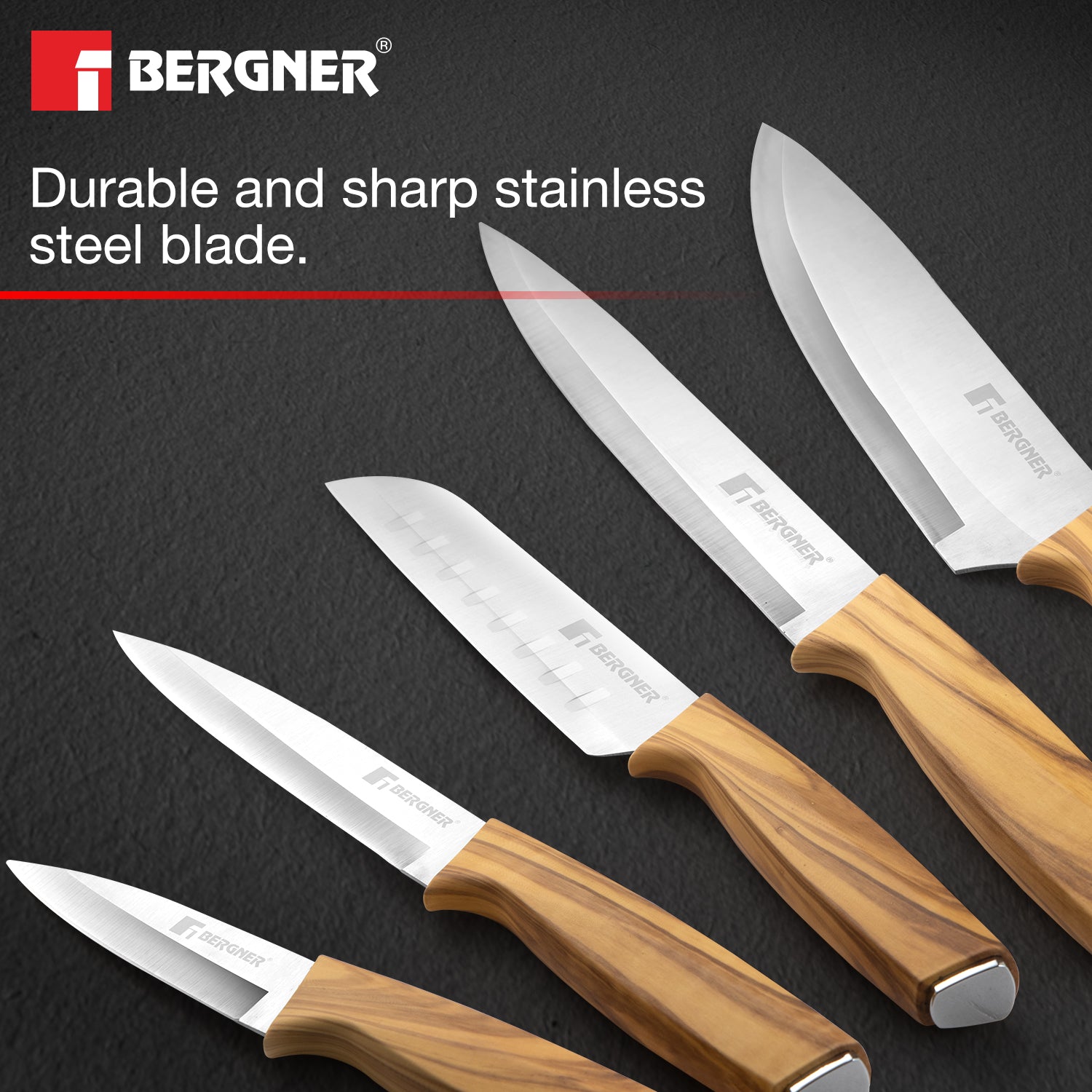 Bergner Olive Garden Stainless Steel 7 Pcs Knife Set - Chef Knife, Santoku Knife, Carving Knife, Utility Knife, Paring Knife, Scissor with Wooden Block