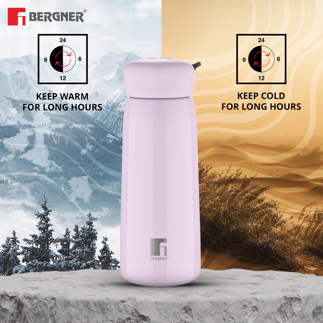 Bergner Walking LilyLuxe Thermosteel Hot and Cold 400ml Flask, Double Walled Bottle - Pink