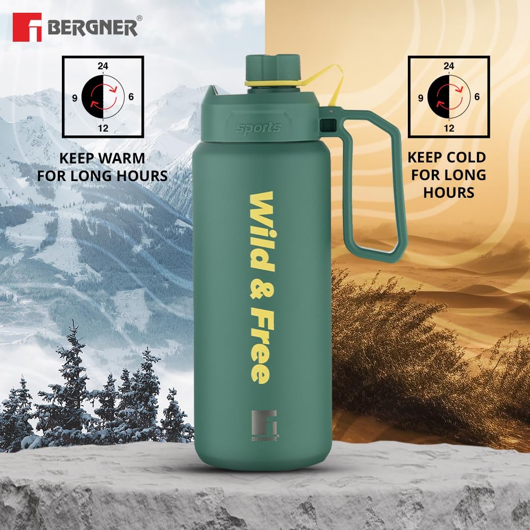 Bergner Walking Pathfinder Thermosteel Hot and Cold Bottle, 1000 ml Flask, Double Walled Bottle - Green