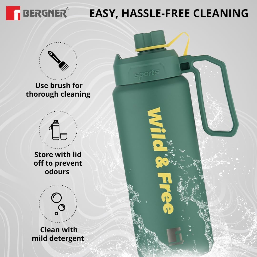 Bergner Walking Pathfinder Thermosteel Hot and Cold Bottle, 1000 ml Flask, Double Walled Bottle - Green