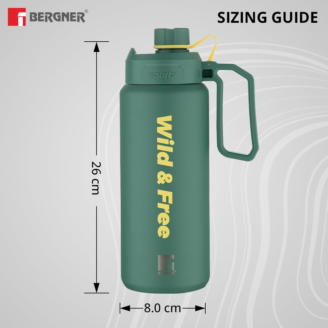 Bergner Walking Pathfinder Thermosteel Hot and Cold Bottle, 1000 ml Flask, Double Walled Bottle - Green