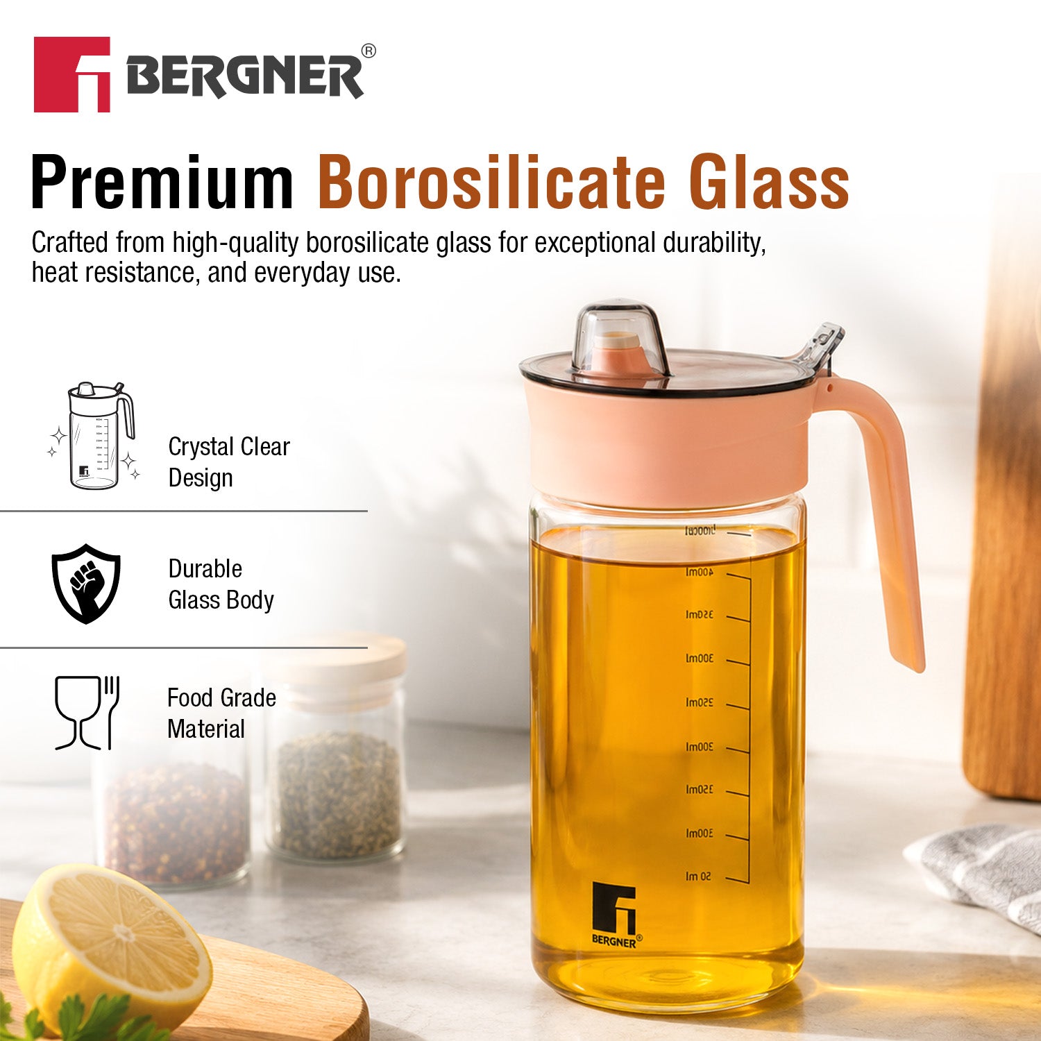 Bergner Acadia 590ml oil dispenser bottle made from premium borosilicate glass featuring crystal clear design, durable glass body, and food grade material