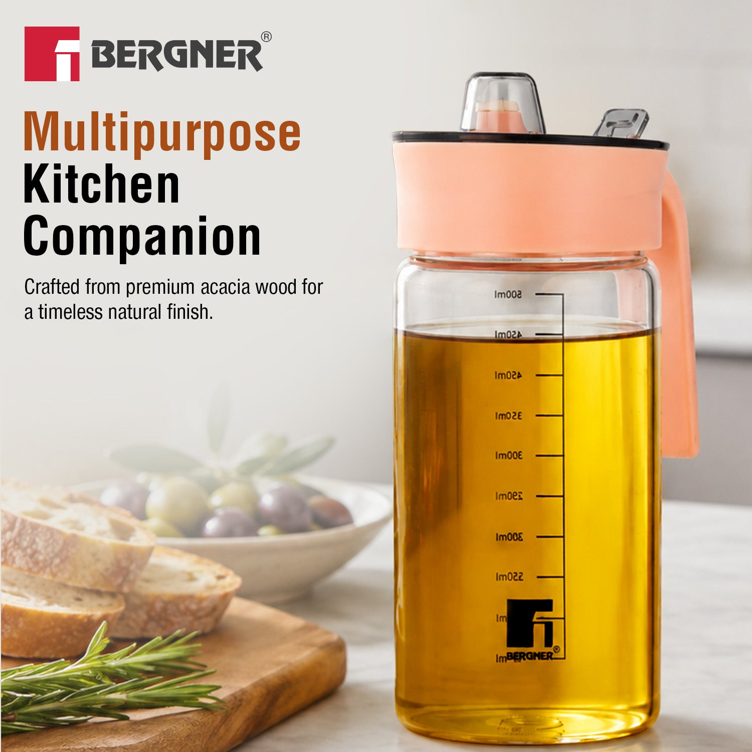 Bergner Acadia 590ml glass oil dispenser bottle with scale markings, multipurpose kitchen companion for olive oil and tabletop dining