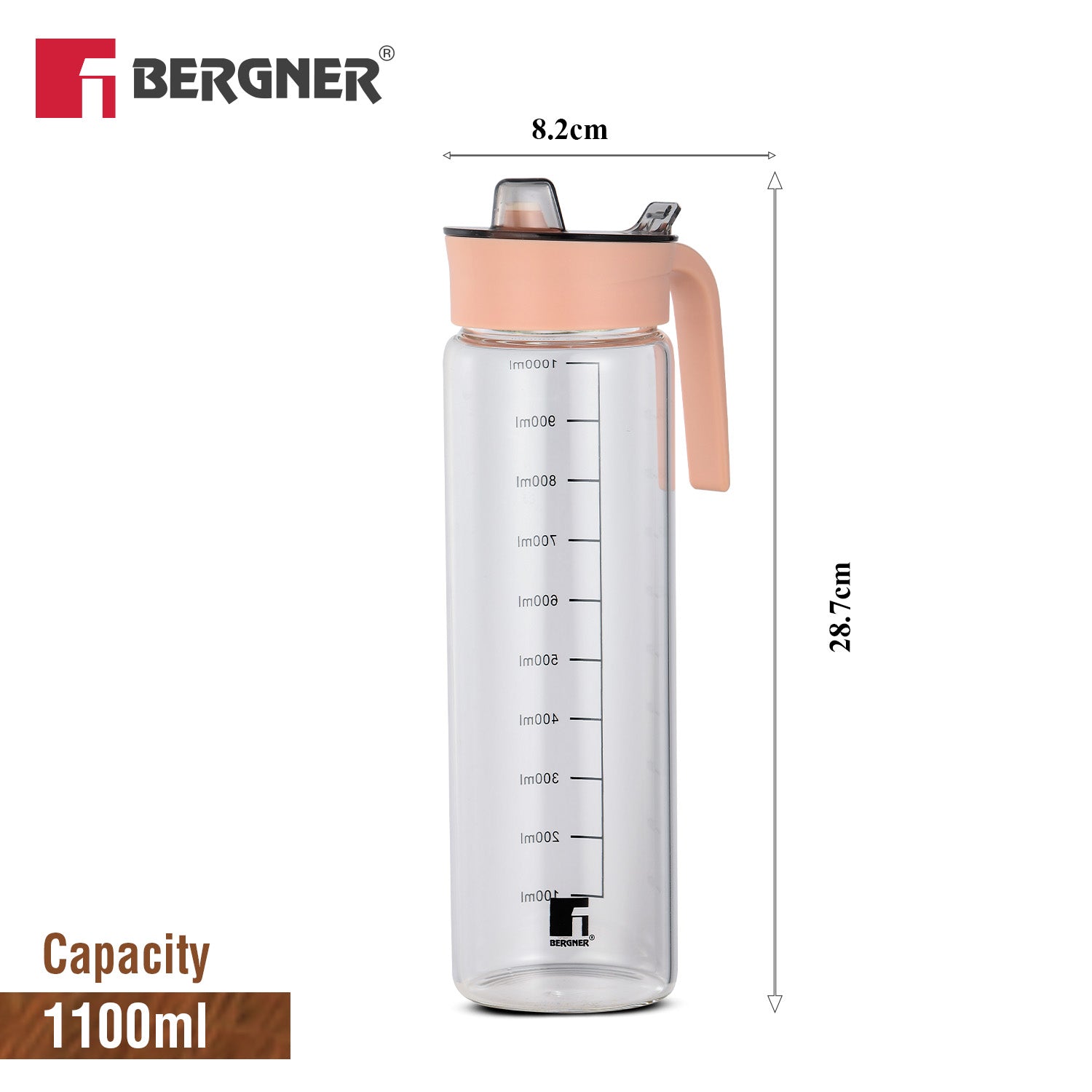 Bergner Acadia 1100ml glass oil dispenser bottle dimension diagram showing 28.7cm height and 8.2cm width with scale markings