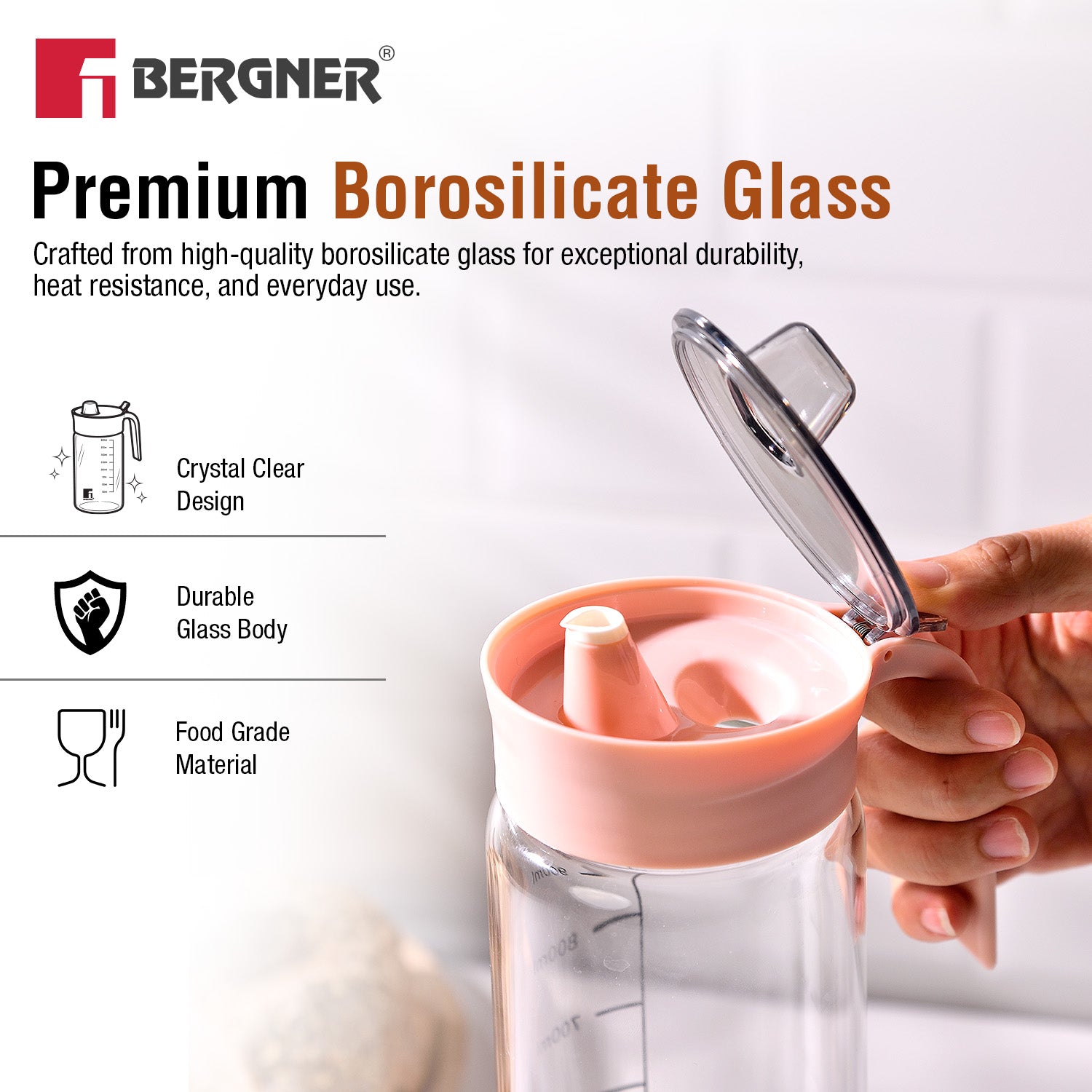 Bergner Acadia 1100ml oil dispenser bottle made from premium borosilicate glass featuring crystal clear design, durable glass body, and food grade material