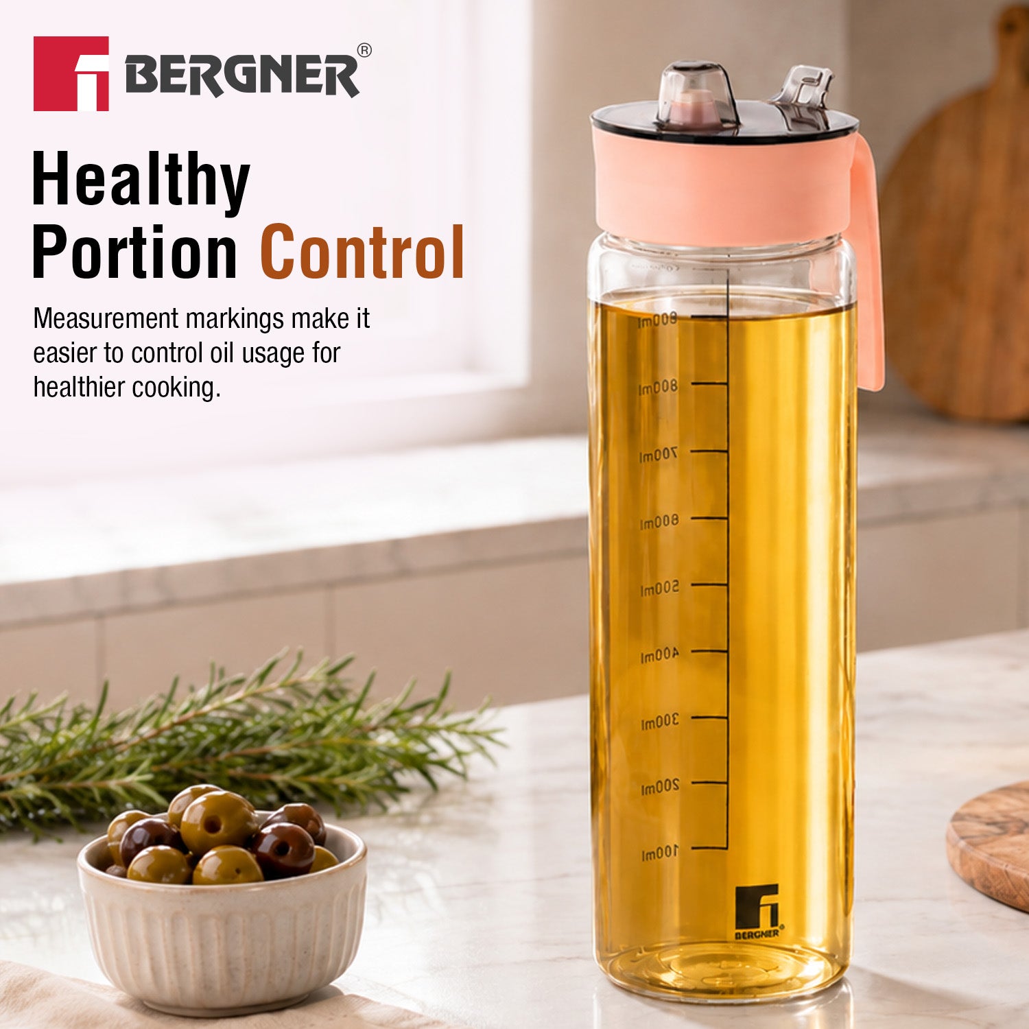 Bergner Acadia 1100ml glass oil dispenser bottle with measurement scale markings for healthy portion control and oil usage monitoring
