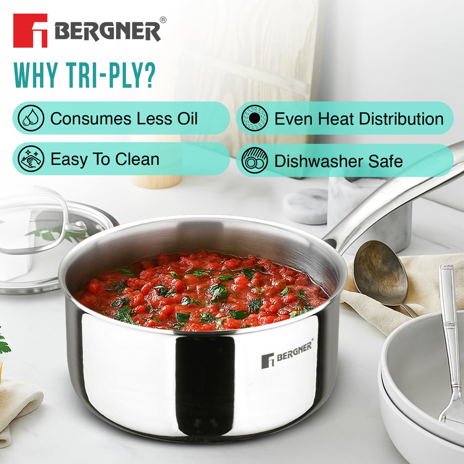 Argent 20cm Triply Saucepan/ Teapan with Lid with Stay Cool Cast Handle