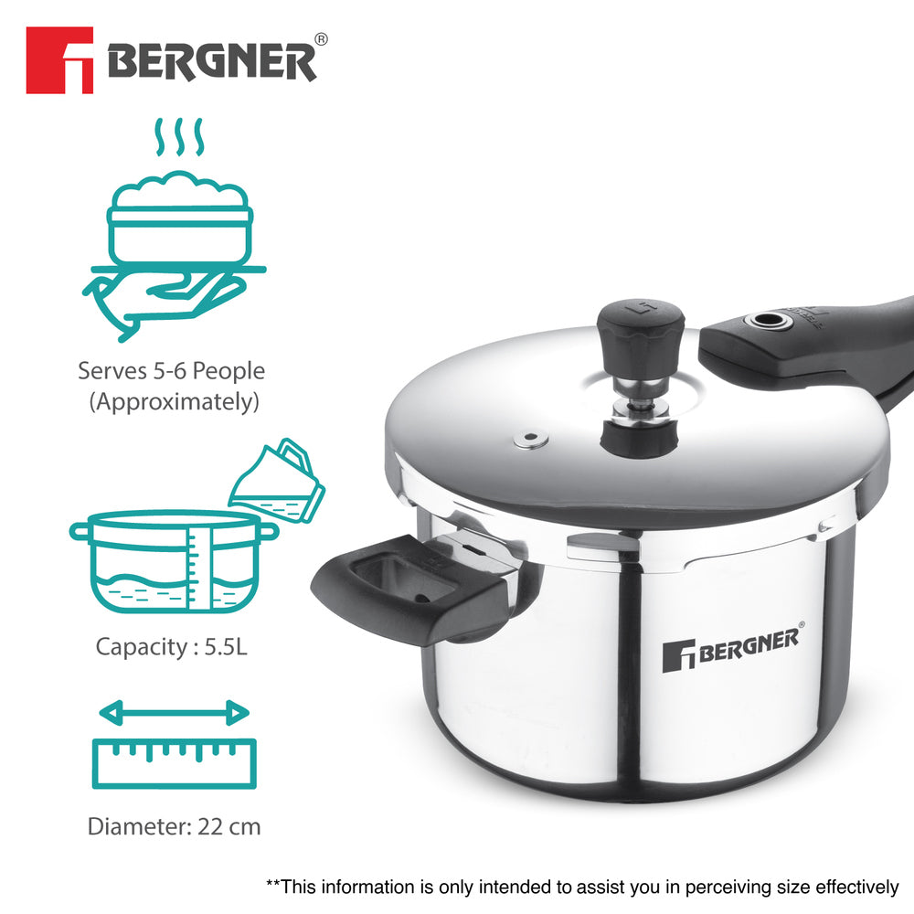 Bergner Argent Elements Tri-Ply Stainless Steel Outer Lid Pressure Cooker - Tri-Ply Induction Bottom