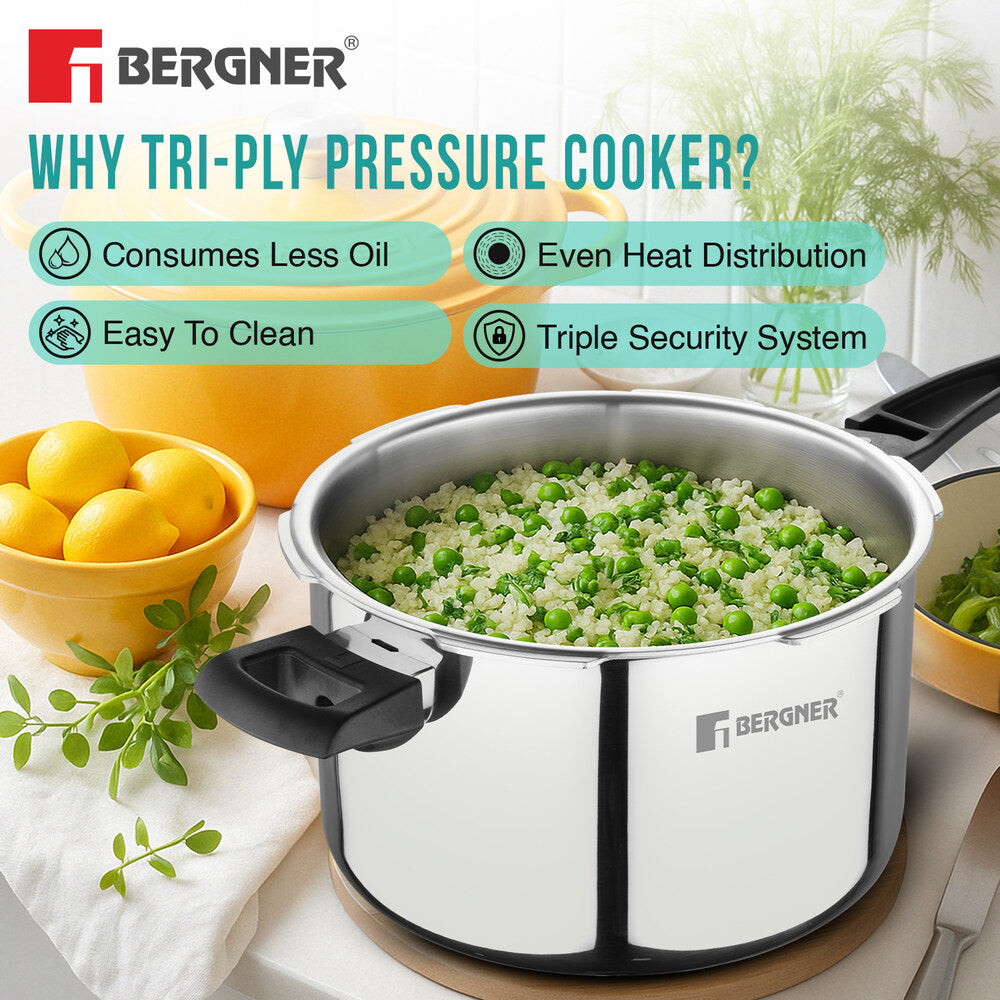 Bergner Argent Elements Tri-Ply Stainless Steel Outer Lid Pressure Cooker - Tri-Ply Induction Bottom