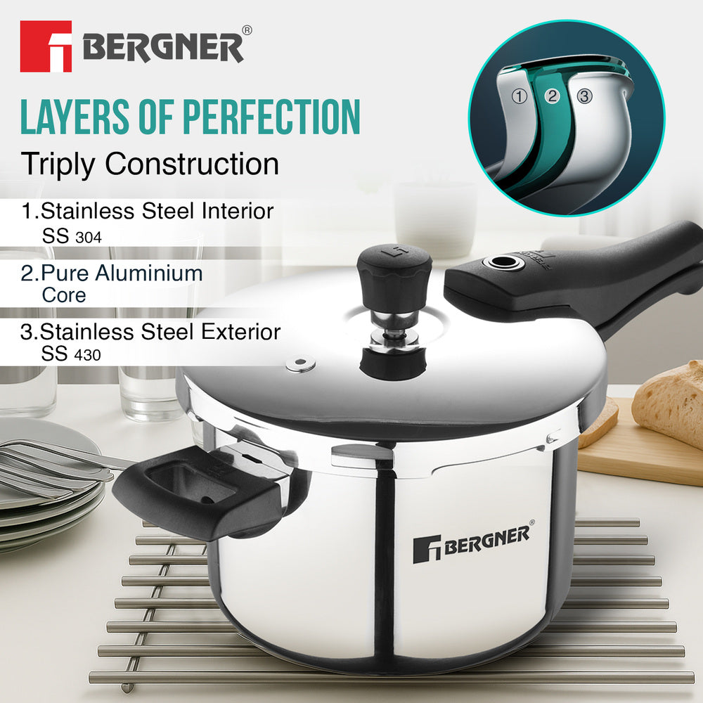 Bergner Argent Elements Tri-Ply Stainless Steel Outer Lid Pressure Cooker - Tri-Ply Induction Bottom