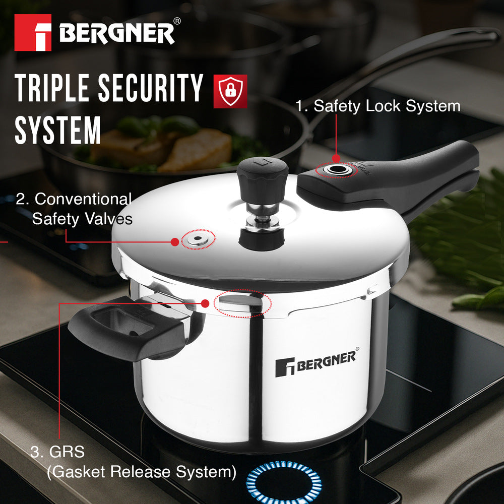 Bergner Argent Elements Tri-Ply Stainless Steel Outer Lid Pressure Cooker - Tri-Ply Induction Bottom