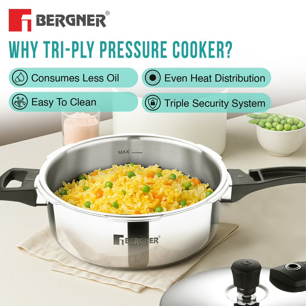 Bergner Argent Elements Tri-Ply Stainless Steel Outer Lid Pressure Pan, Tri-Ply Induction Bottom