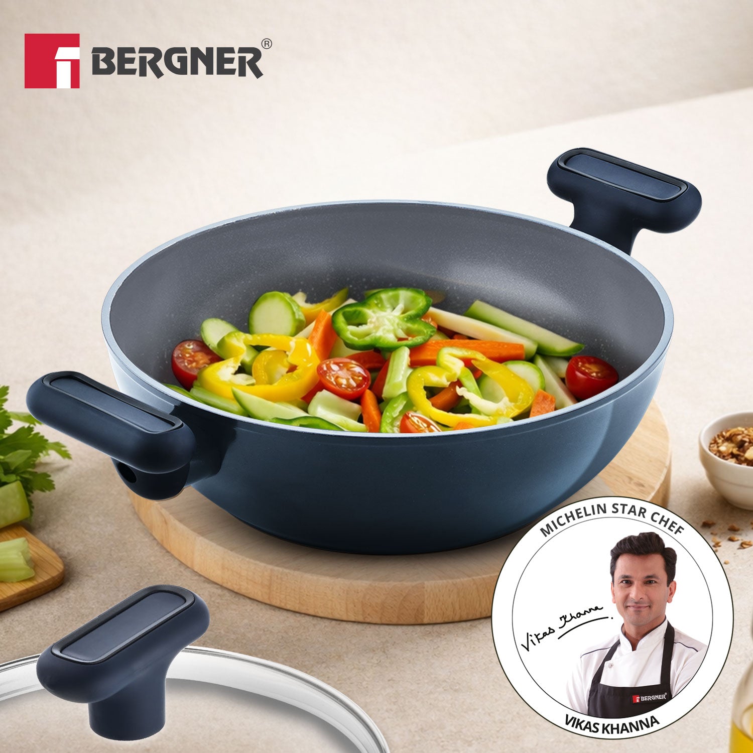 Jade 20cm (1.2L) Kadai with Glass Lid, Ceramic Non-Stick Coating - Induction
