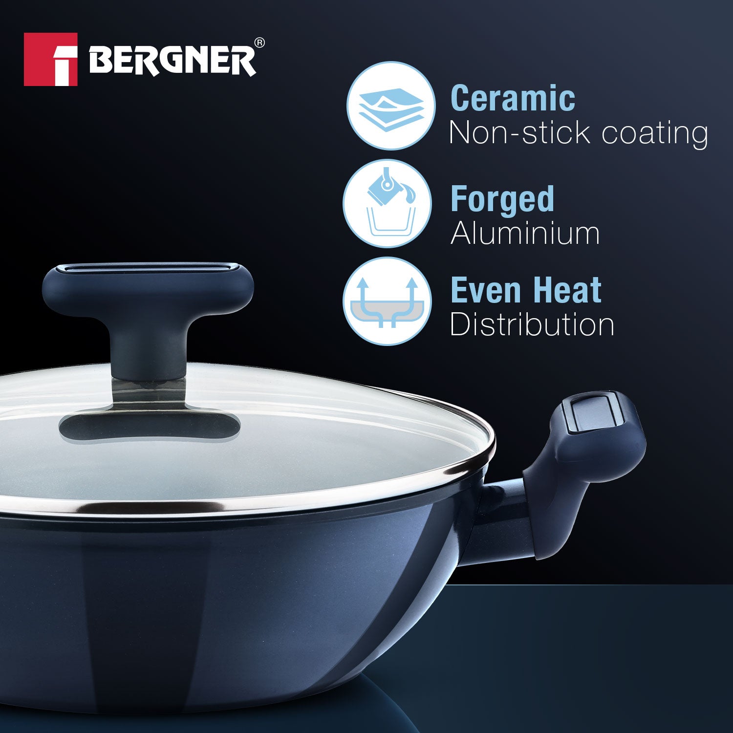 Jade 24cm (2.5L) Kadai with Glass Lid, Ceramic Non-Stick Coating - Induction