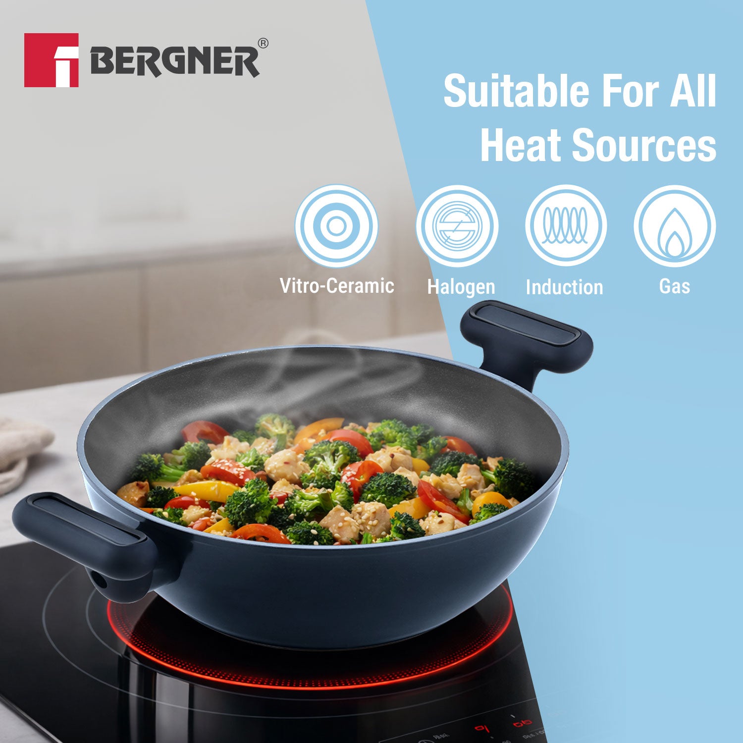 Jade 24cm (2.5L) Kadai with Glass Lid, Ceramic Non-Stick Coating - Induction