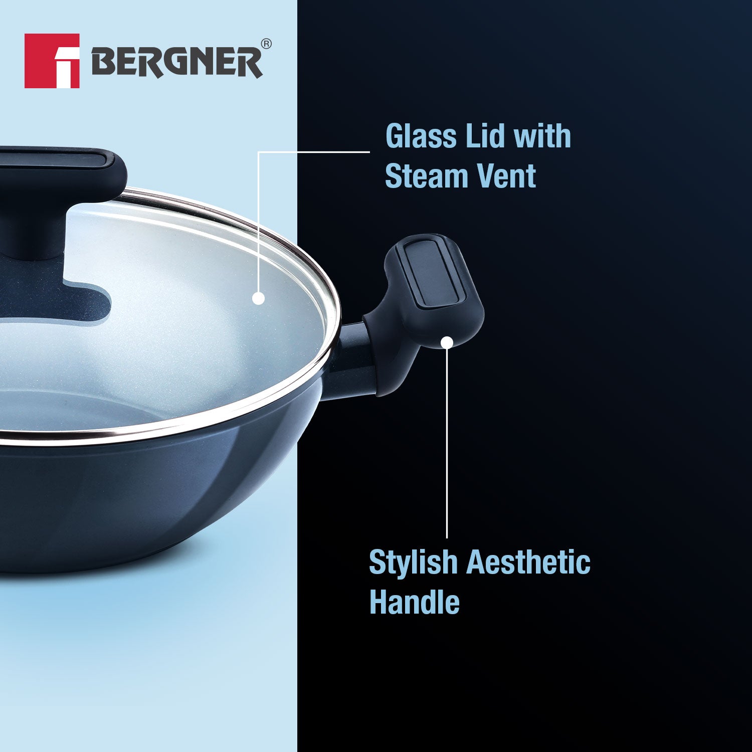 Jade 24cm (2.5L) Kadai with Glass Lid, Ceramic Non-Stick Coating - Induction