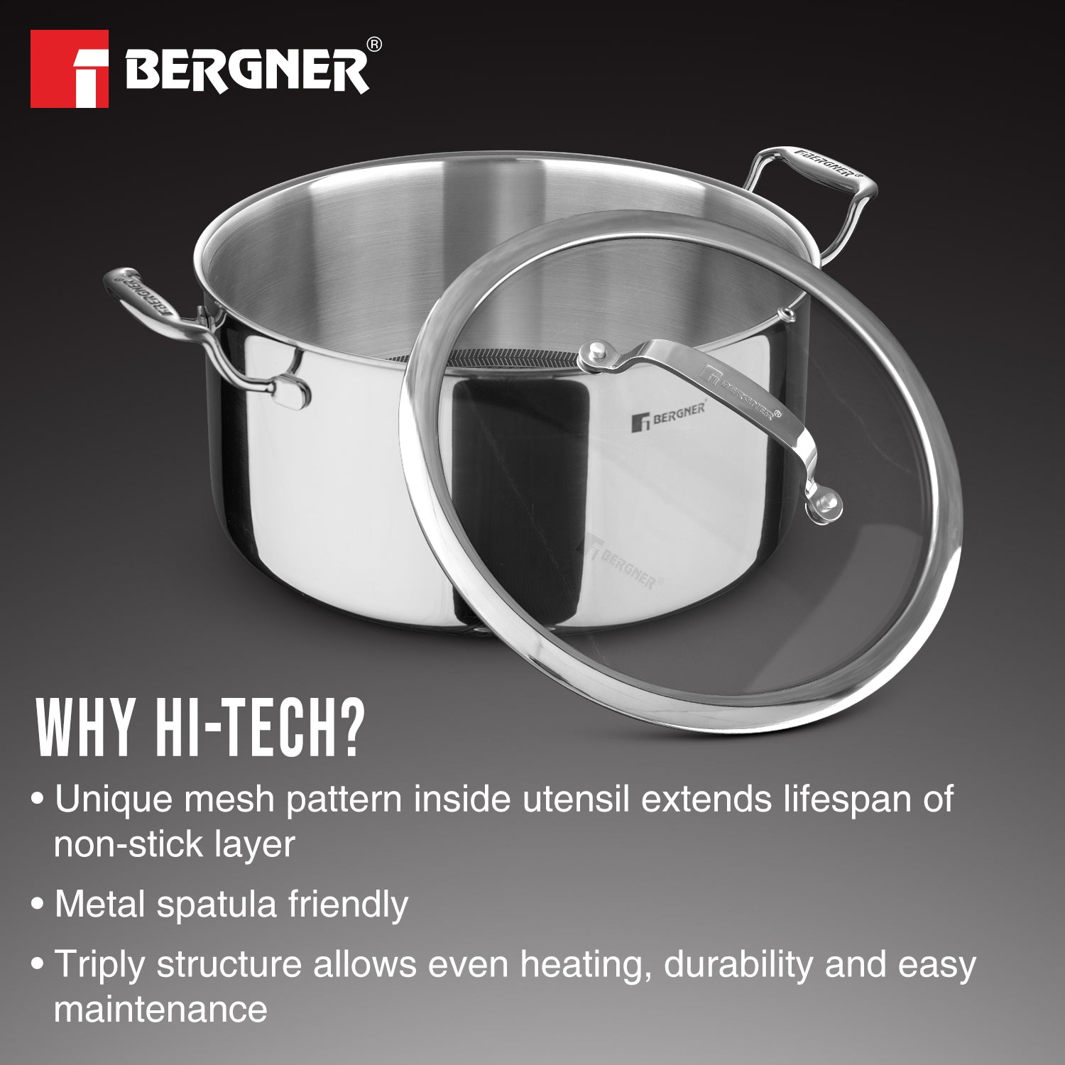 Hi-Tech Giro TriPly 28cm (8.2L) Casserole with Glass Lid - Induction Bottom