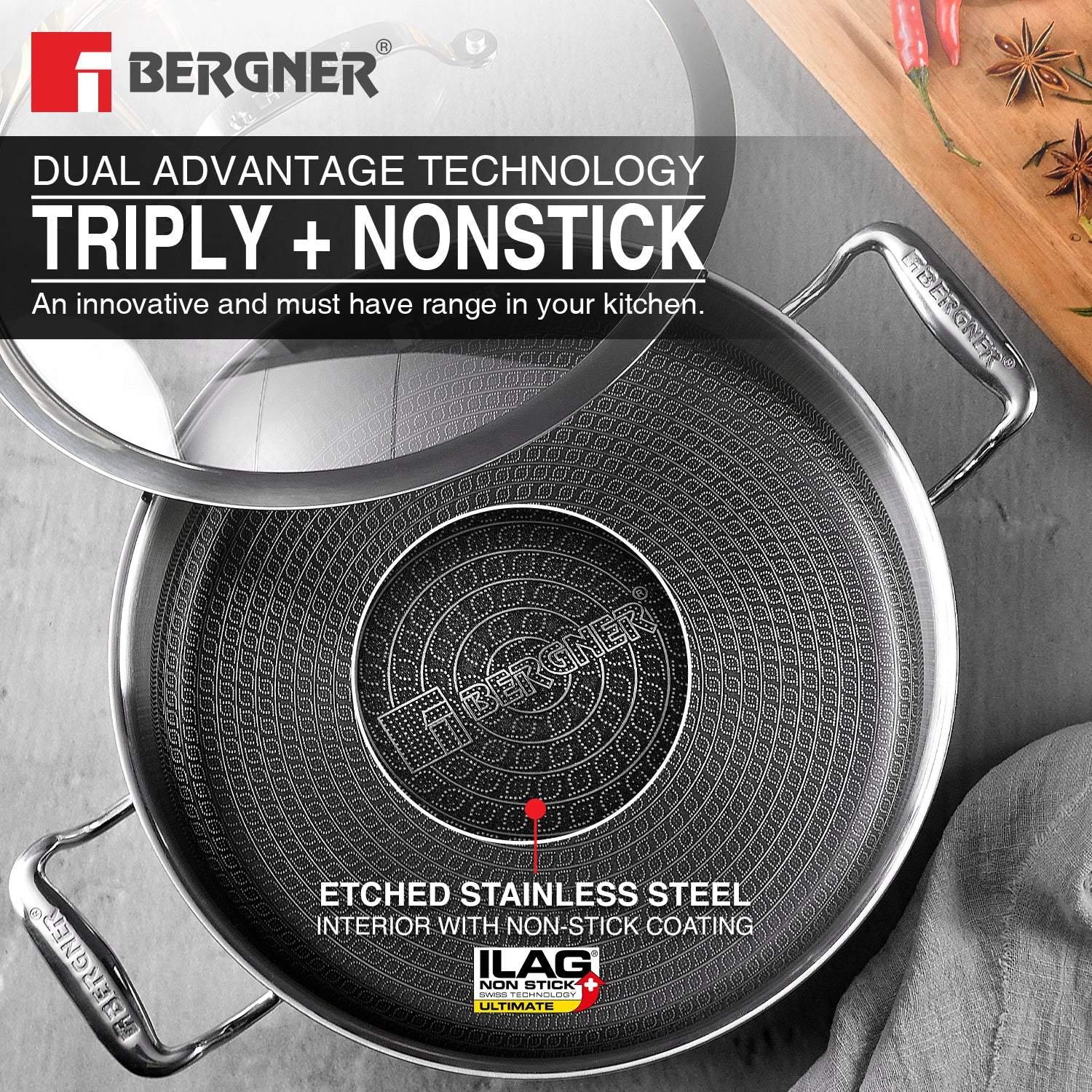 Hi-Tech Giro Triply Stainless Steel Serving Pan with Glass Lid 26cm (4.3L)