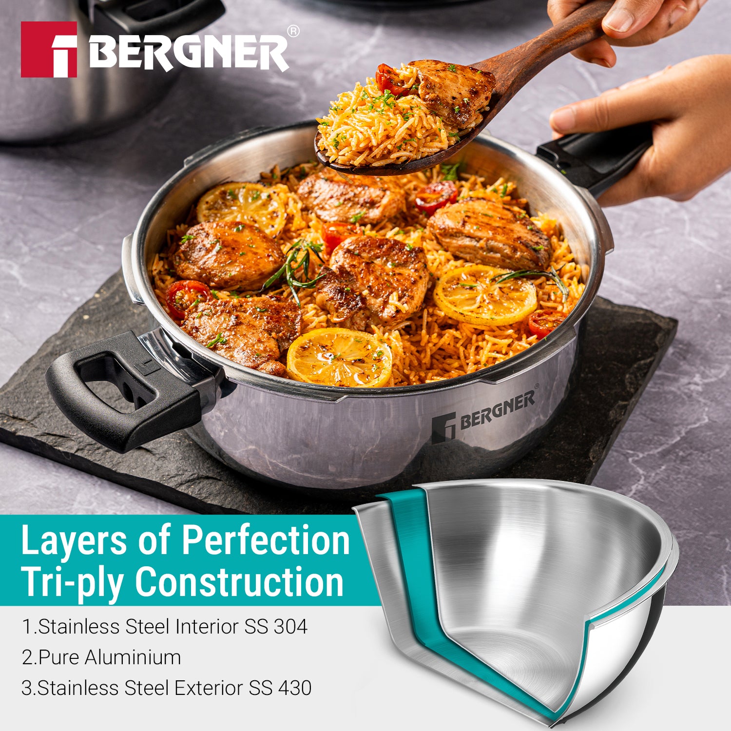 Argent Elements Triply Stainless Steel 3.5 L Outer Lid Pressure Pan