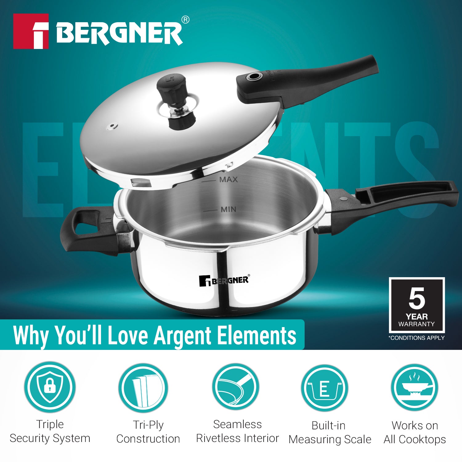 Argent Elements Triply Stainless Steel 3.5 L Outer Lid Pressure Pan
