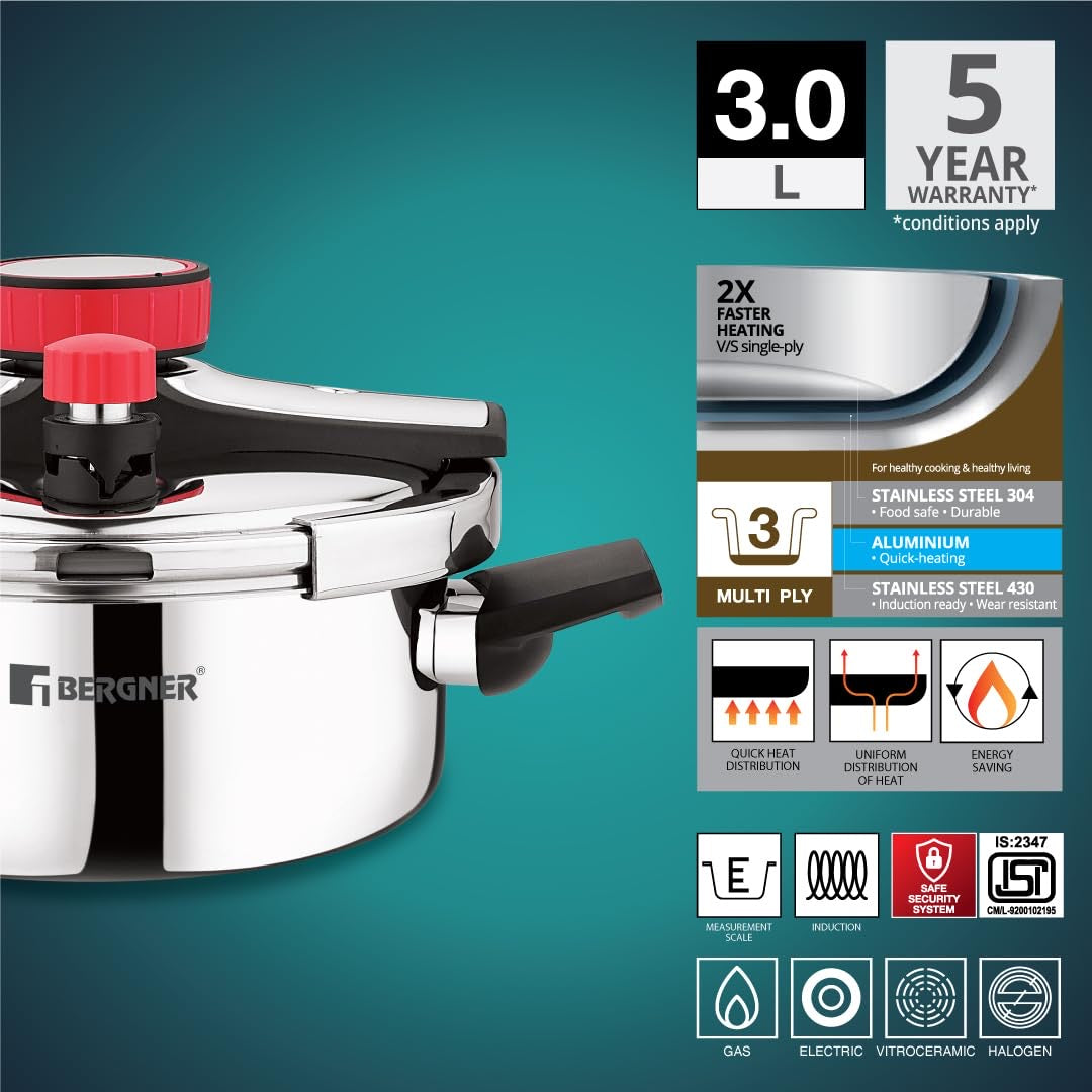 Capri Tri-Ply Pressure Cooker with Low and High Pressure Settings, Safety Lock
