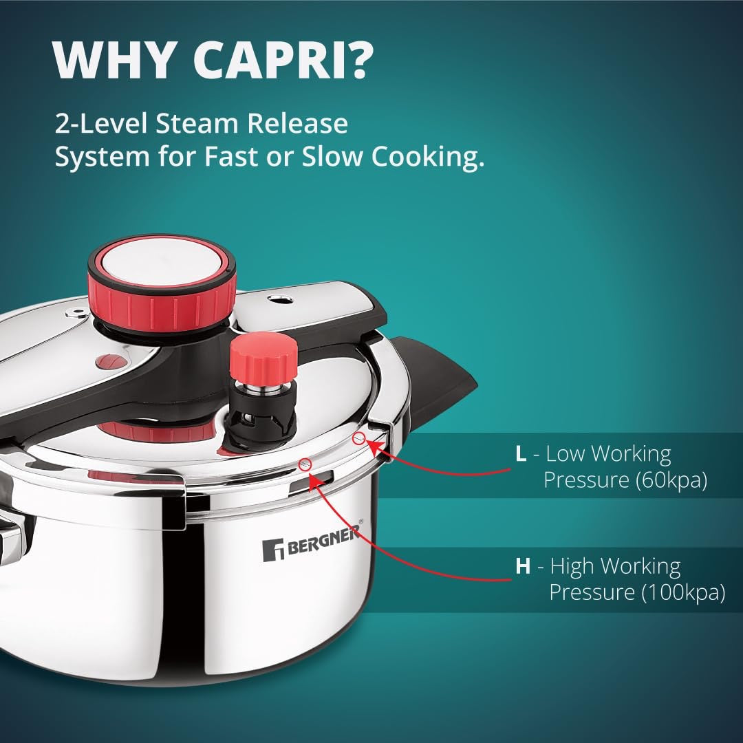 Capri Tri-Ply Pressure Cooker with Low and High Pressure Settings, Safety Lock