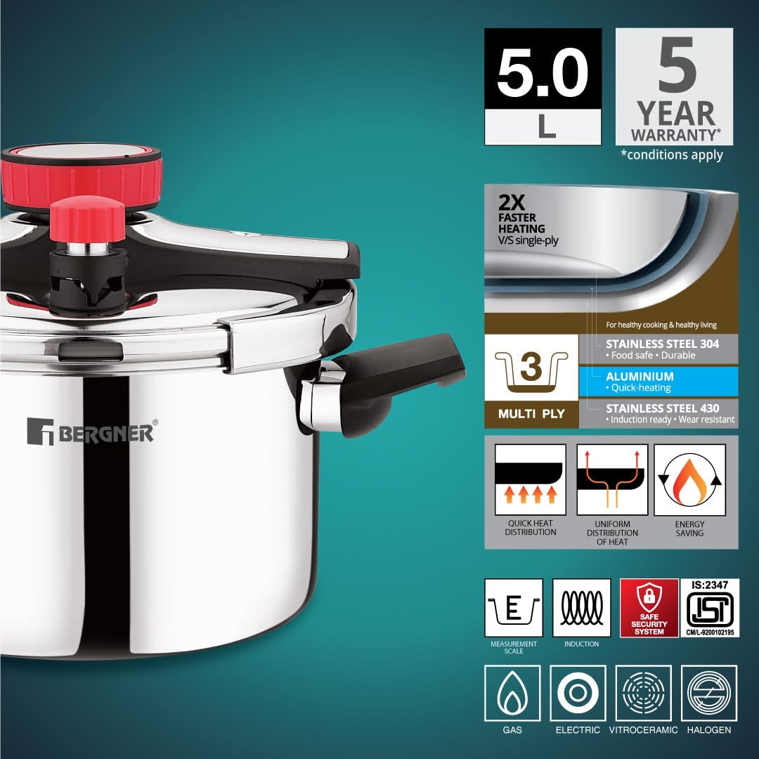 Capri Tri-Ply Pressure Cooker with Low and High Pressure Settings, Safety Lock
