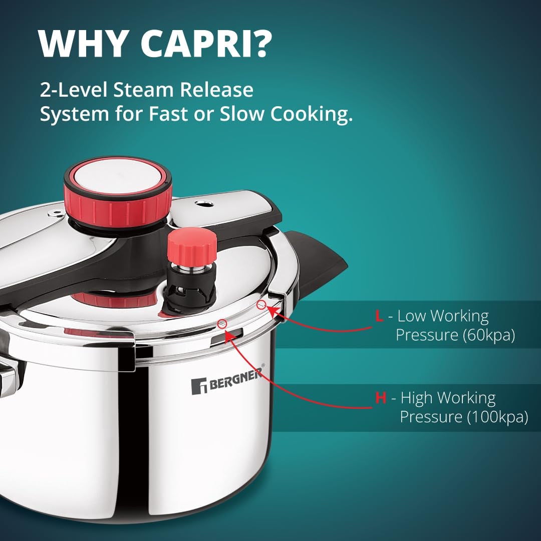 Capri Tri-Ply Pressure Cooker with Low and High Pressure Settings, Safety Lock