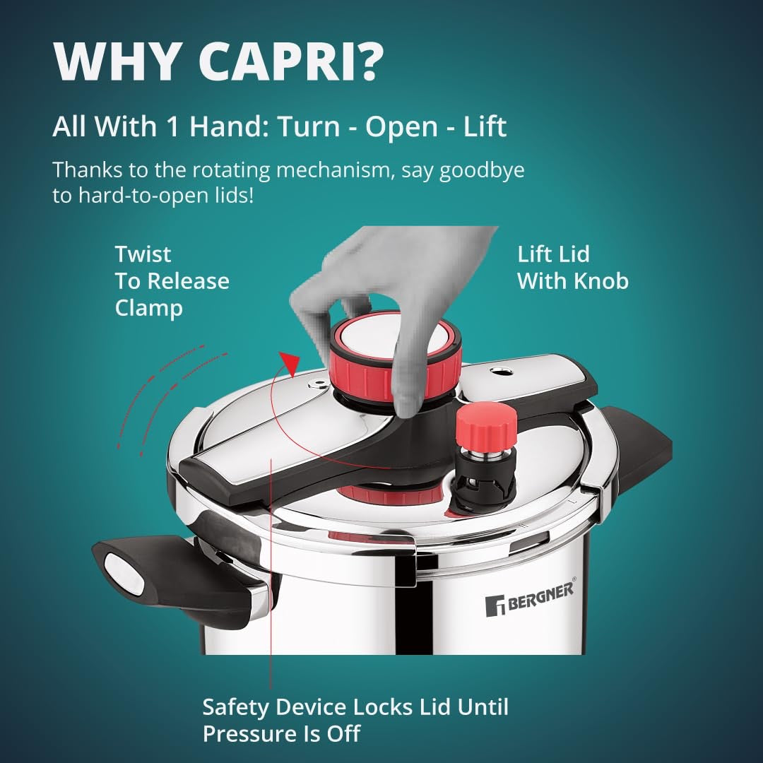 Capri Tri-Ply Pressure Cooker with Low and High Pressure Settings, Safety Lock