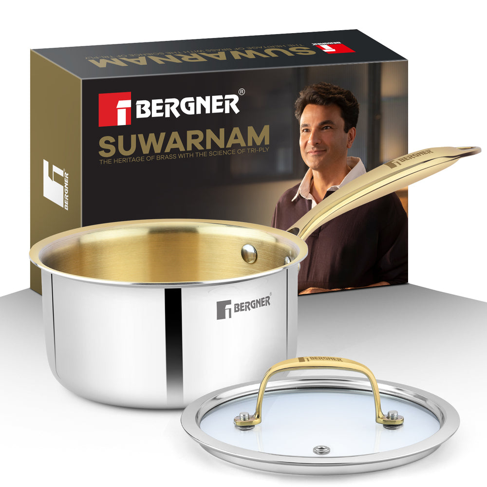 Suwarnam Triply Brass Saucepan with Flat Glass Lid 16cm | Induction