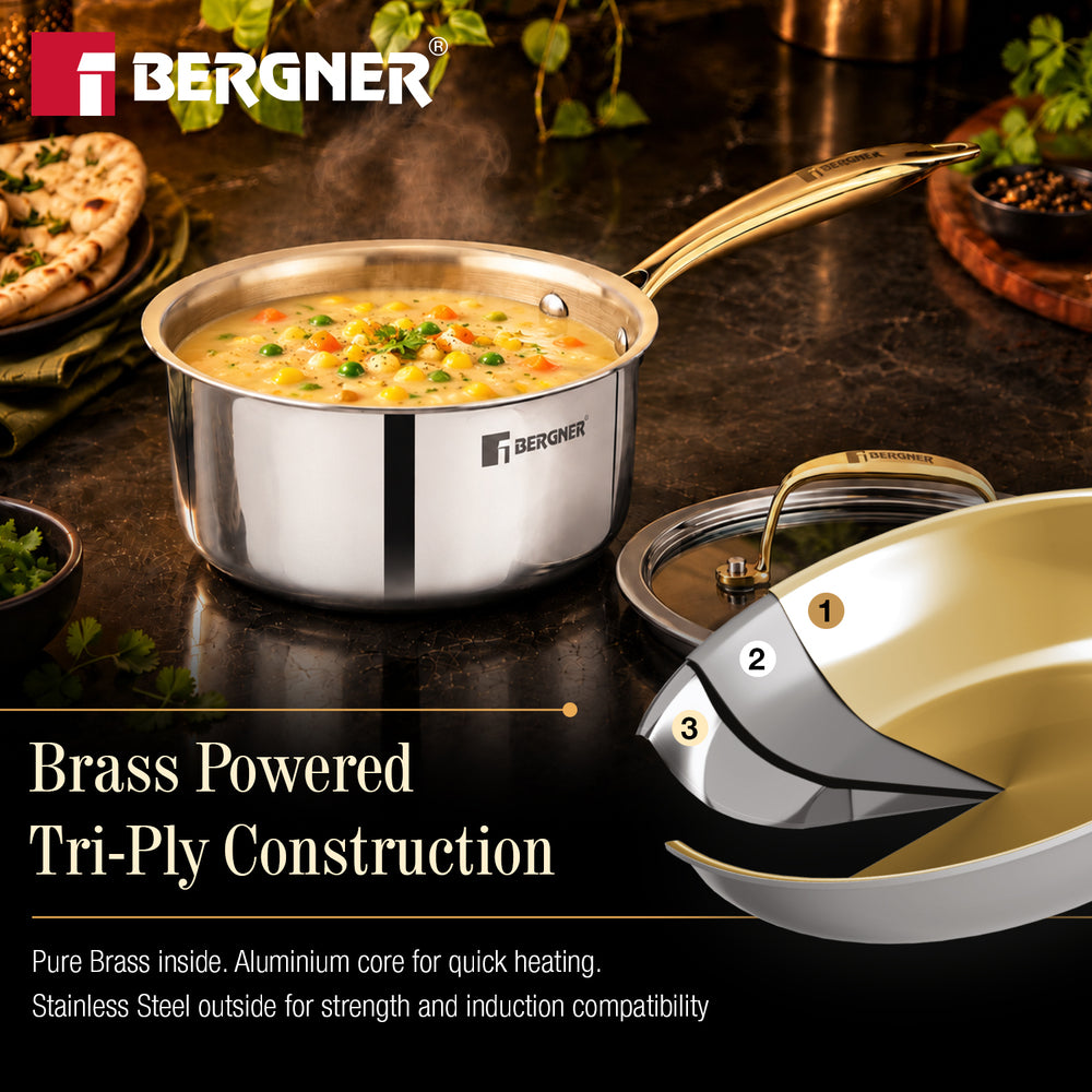 Suwarnam Triply Brass Saucepan with Flat Glass Lid 16cm | Induction