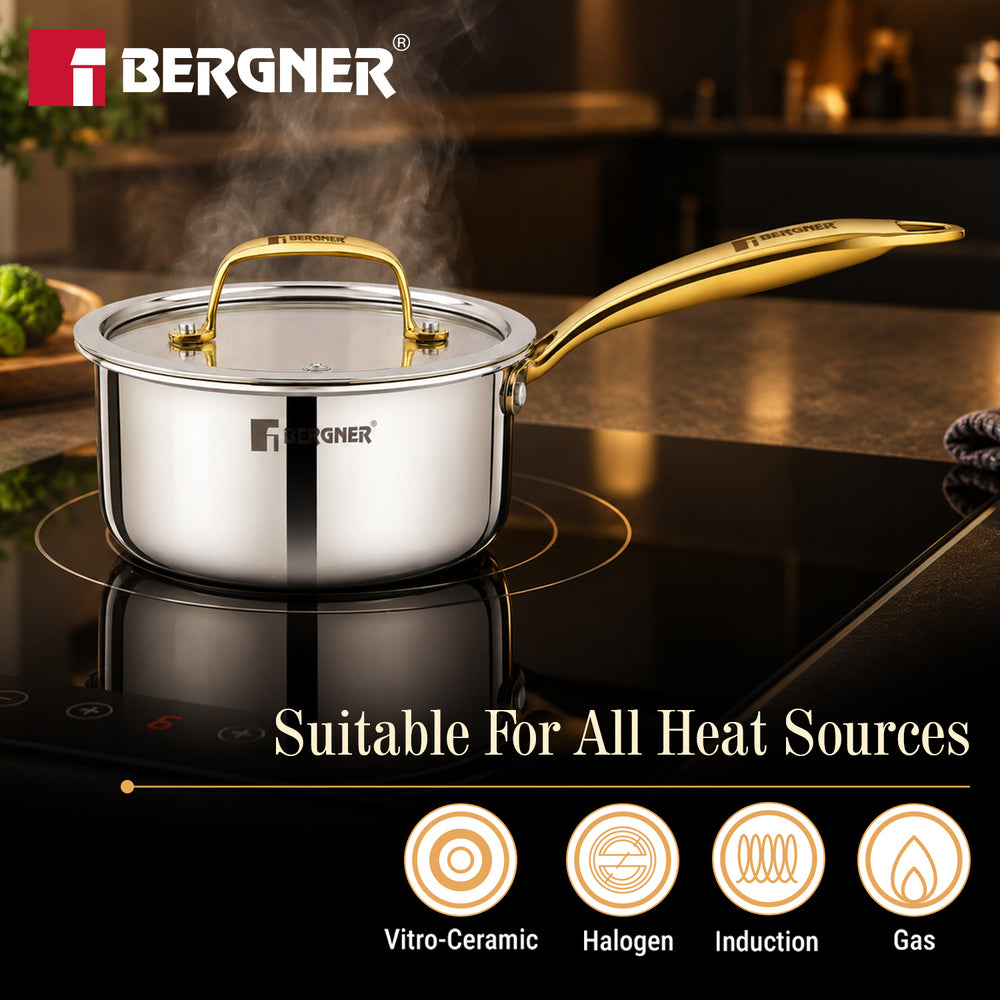 Suwarnam Triply Brass Saucepan with Flat Glass Lid 16cm | Induction