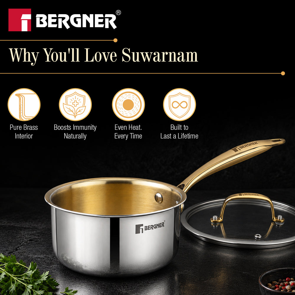 Suwarnam Triply Brass Saucepan with Flat Glass Lid 16cm | Induction