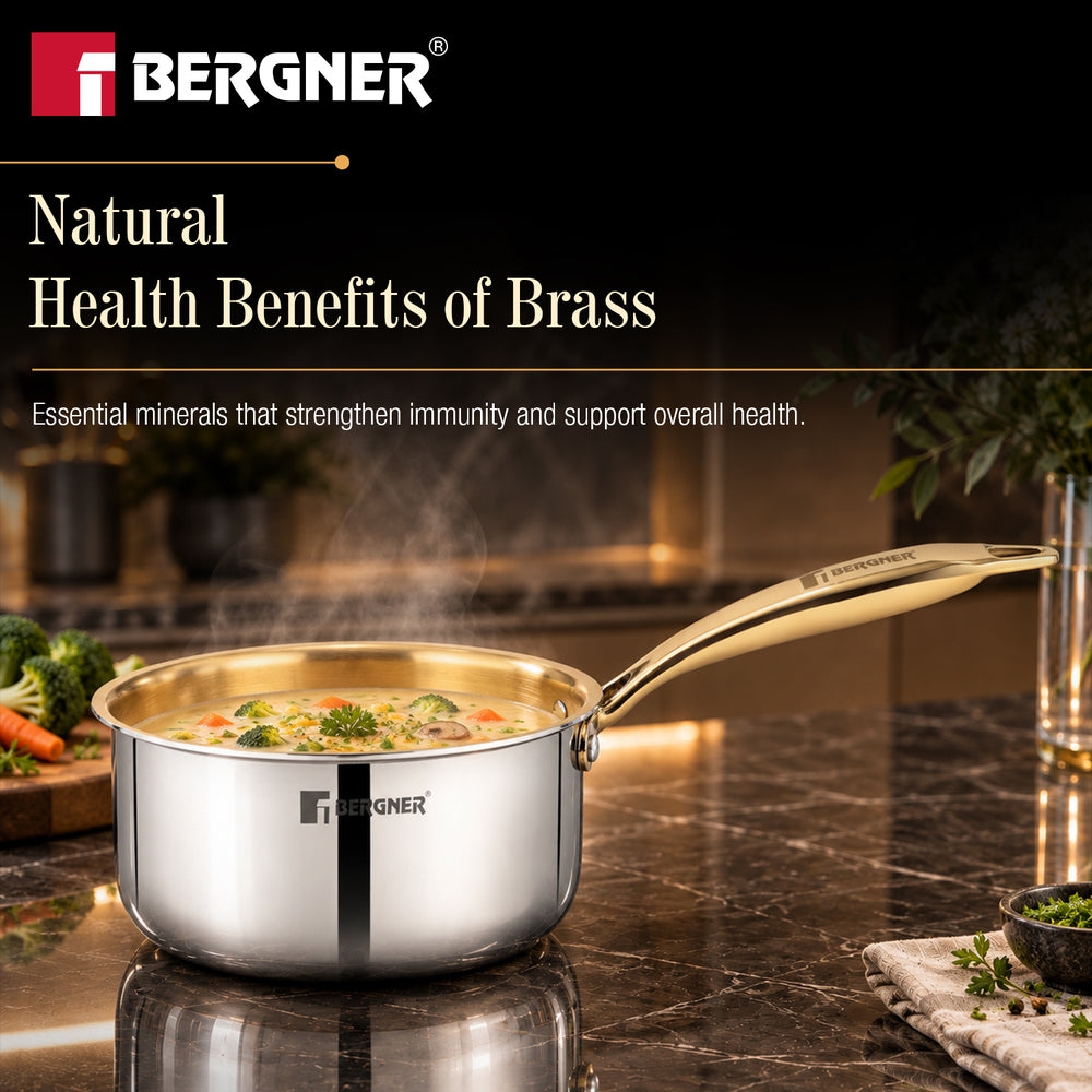 Suwarnam Triply Brass Saucepan with Flat Glass Lid 16cm | Induction