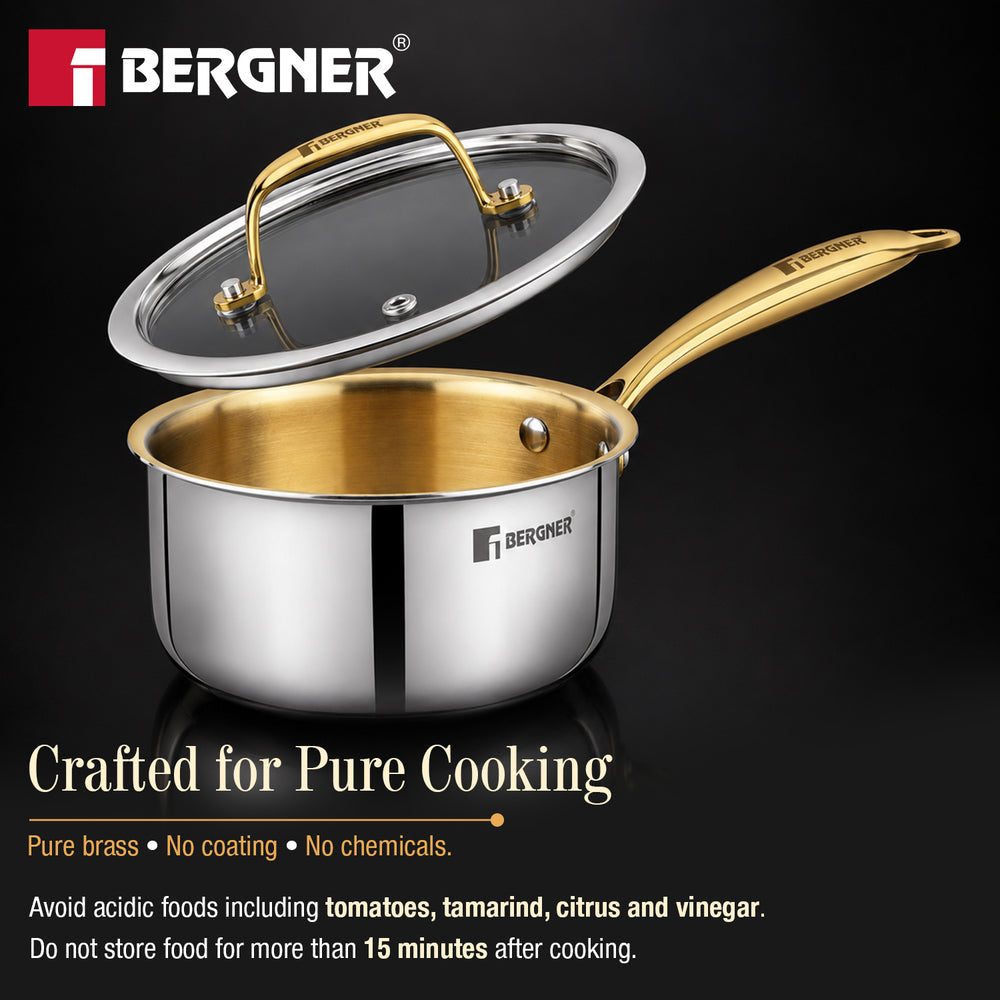 Suwarnam Triply Brass Saucepan with Flat Glass Lid 16cm | Induction