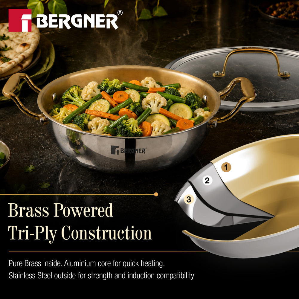 Suwarnam Triply Brass Kadai 24cm with Glass Lid | Induction