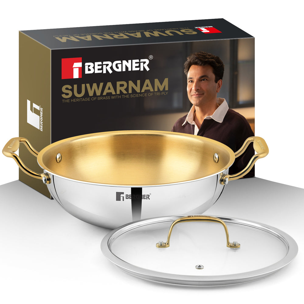 Suwarnam Triply Brass Kadai 26cm with Glass Lid | Induction