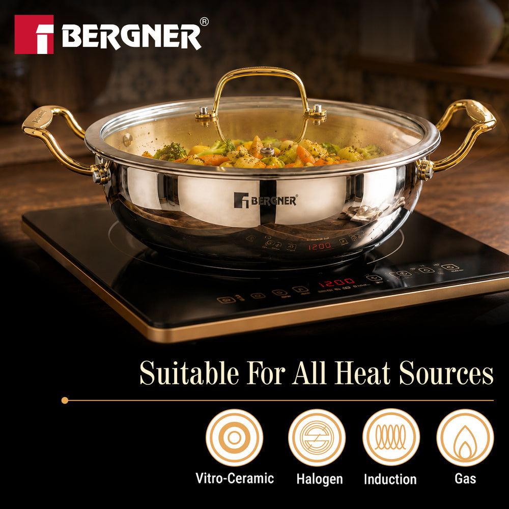 Suwarnam Triply Brass Kadai 26cm with Glass Lid | Induction
