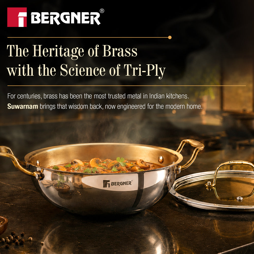 Suwarnam Triply Brass Kadai 32cm with Glass Lid (6.2L) | Induction
